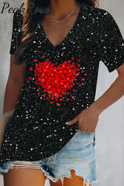 Glitter Splatter Heart-Shaped V-Neck T-Shirt Black / S T-Shirt