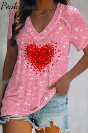 Glitter Splatter Heart-Shaped V-Neck T-Shirt Pink / S T-Shirt