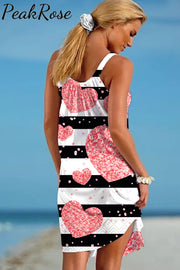 Glitter Striped Heart-Shaped Print Sleeveless Dress