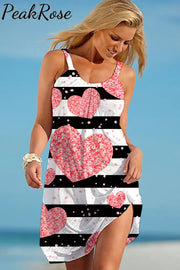 Glitter Striped Heart-Shaped Print Sleeveless Dress S