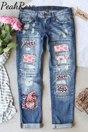 Gnome Couple Love Leopard Heart Polka Print Denim Jeans