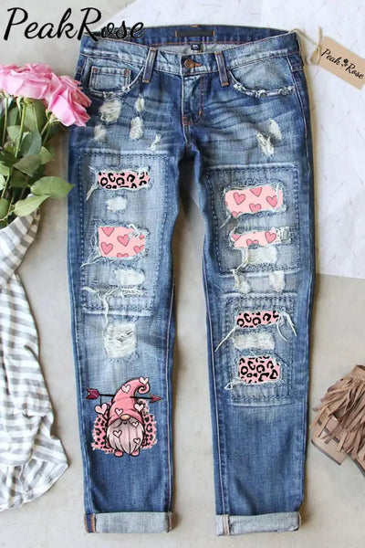 Gnome Couple Love Leopard Heart Polka Print Denim Jeans