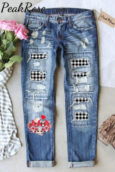 Gnome Plaid Ripped Denim Jeans