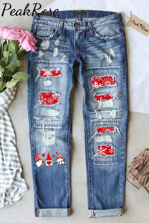 Gnome Print Ripped Denim Jeans