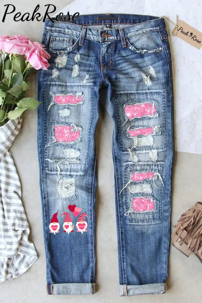 Gnome Print Ripped Denim Jeans