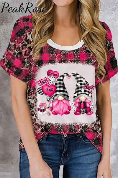 Gnomes Love Heart-Shaped Balloons Leopard Plaid Print T-Shirt / S T-Shirt