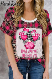 Gnomes Love Heart-Shaped Balloons Leopard Plaid Print T-Shirt / S T-Shirt