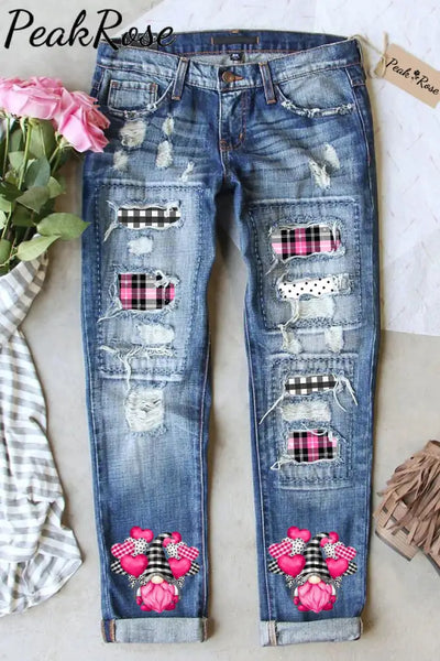 Gnomes Love Heart-Shaped Balloons Plaid Polka Print Denim Jeans S / Blue