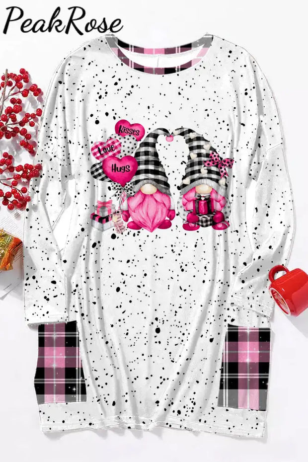 Gnomes Love Heart-Shaped Balloons Plaid Polka Print Loose Tunic With Pockets