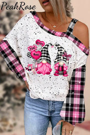 Gnomes Love Heart-Shaped Balloons Plaid Polka Print Off-Shoulder Blouse / S