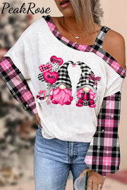 Gnomes Love Heart-Shaped Balloons Plaid Polka Print Off-Shoulder Blouse White / S