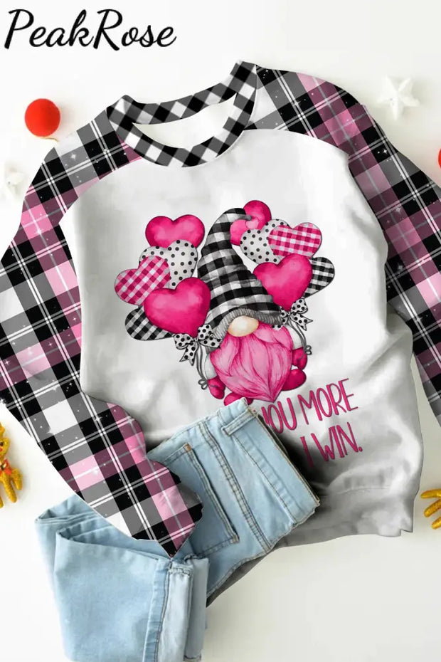 Gnomes Love Heart-Shaped Balloons Plaid Polka Print Sweatshirt