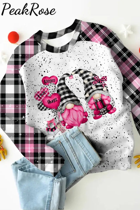 Gnomes Love Heart-Shaped Balloons Plaid Polka Print Sweatshirt