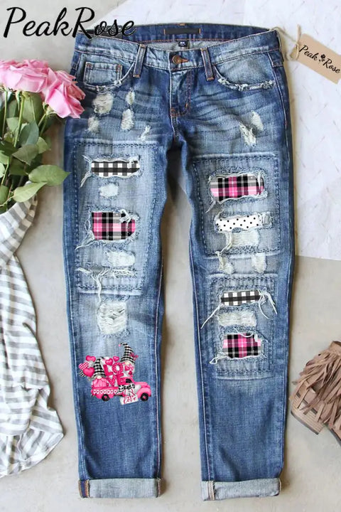 Gnomes Love Truck Heart-Shaped Balloons Plaid Polka Print Denim Jeans S / Blue