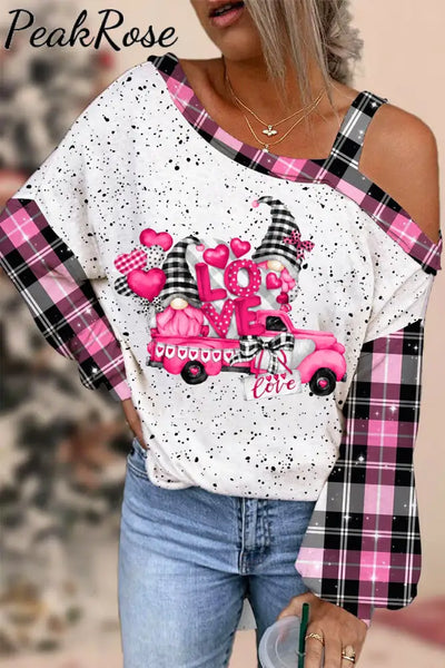 Gnomes Love Truck Heart-Shaped Balloons Plaid Polka Print Off-Shoulder Blouse / S