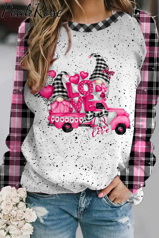 Gnomes Love Truck Heart-Shaped Balloons Plaid Polka Print Sweatshirt / S