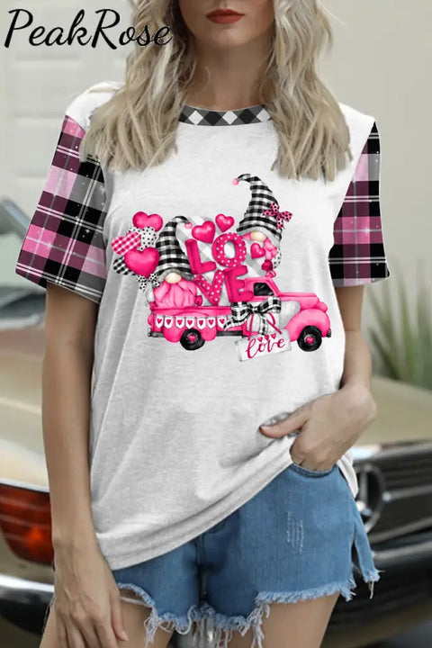 Gnomes Love Truck Heart-Shaped Balloons Plaid Polka Print T-Shirt White / S T-Shirt