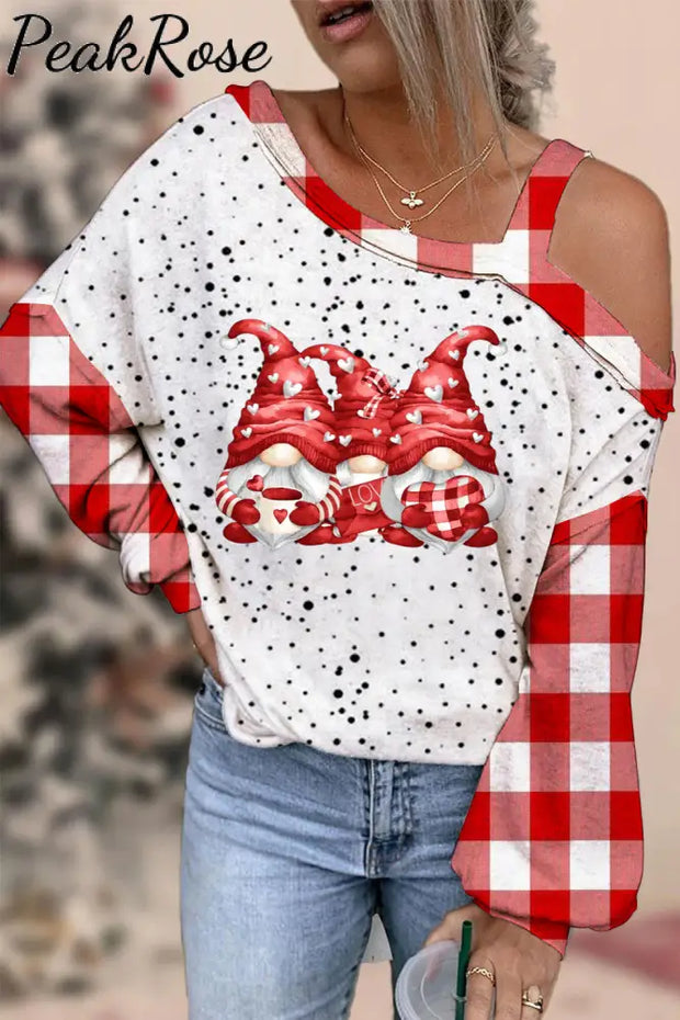 Gnomes Print Red Plaid Off-Shoulder Blouse