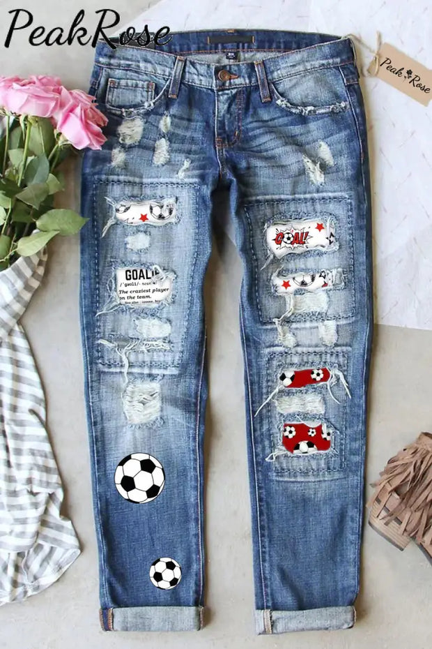 Goalie Goal Print Ripped Denim Jeans