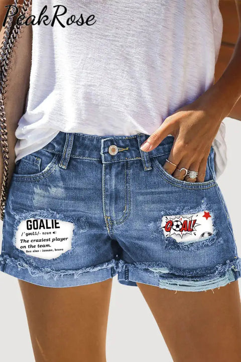 Goalie Goal Print Ripped Denim Shorts