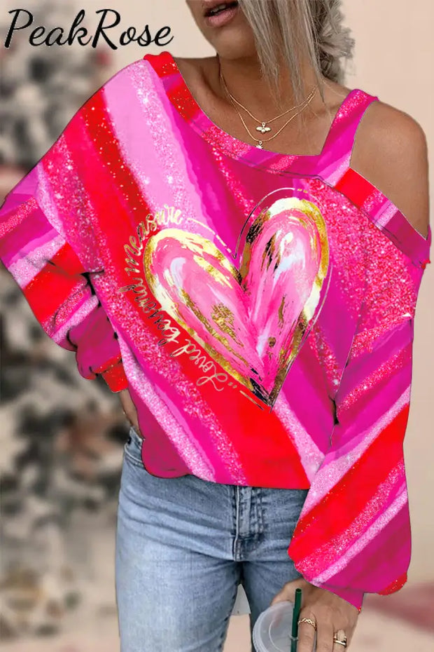 Gold Flash Irregular Pink Striped Sequin Heart Off-Shoulder Blouse