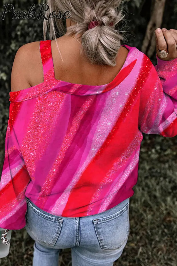 Gold Flash Irregular Pink Striped Sequin Heart Off-Shoulder Blouse