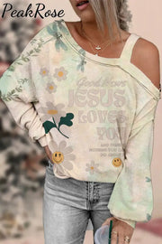 Good News Jesus Loves You Christian Print Off-Shoulder Blouse