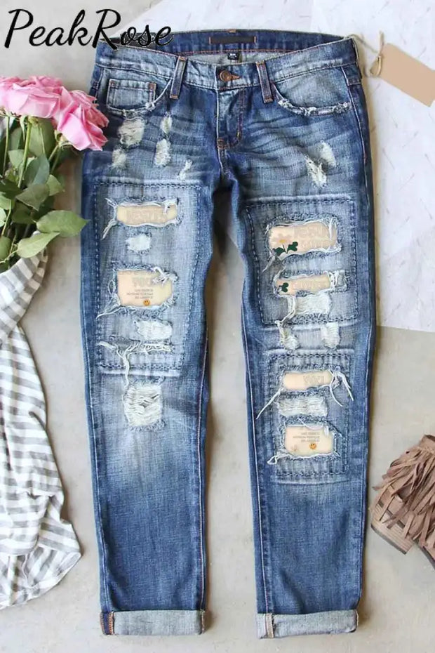 Good News Jesus Loves You Christian Print Ripped Denim Jeans