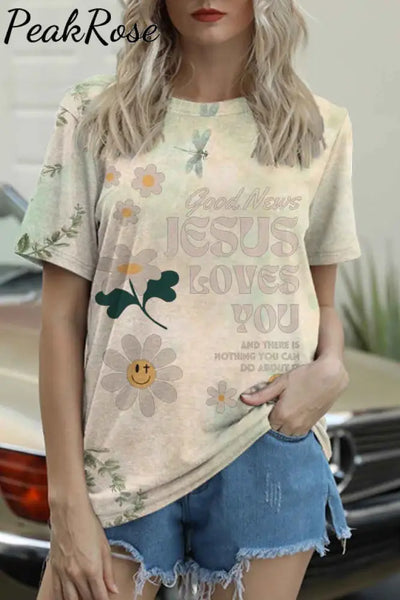 Good News Jesus Loves You Christian Print Round Neck T-Shirt T-Shirt