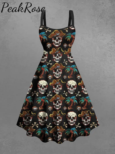 Gothic Skull Pirate Coconut Tree Bone Print Hawaii A Line Tank Dress Black / S Hot Sell