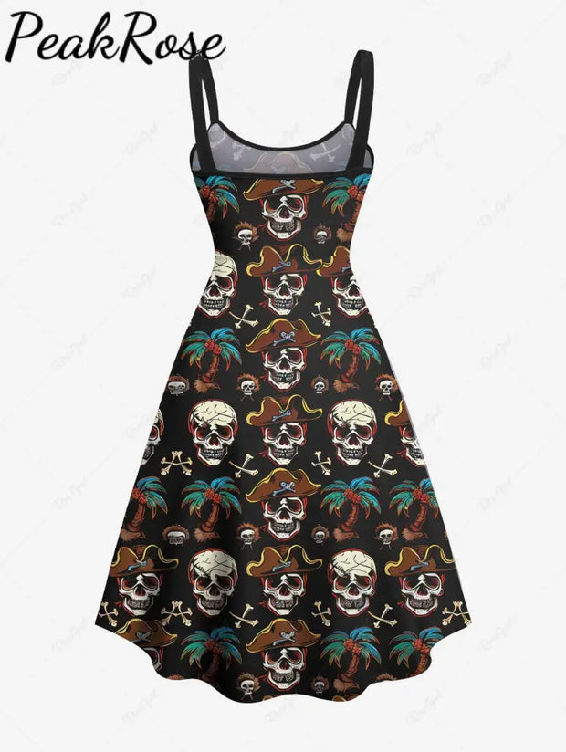 Gothic Skull Pirate Coconut Tree Bone Print Hawaii A Line Tank Dress Hot Sell