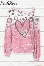 Gradient Glitter Leopard Heart Off-Shoulder Blouse