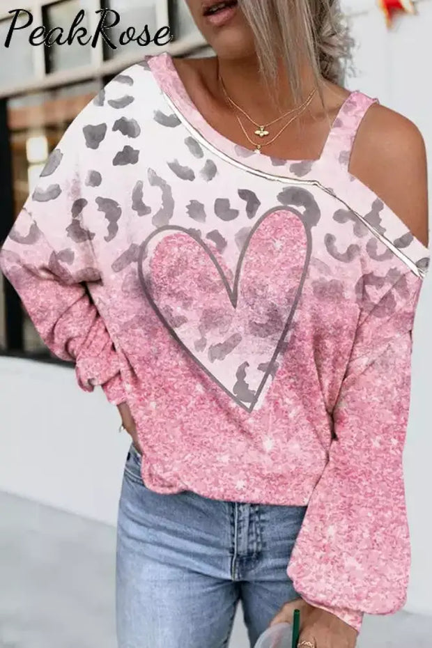 Gradient Glitter Leopard Heart Off-Shoulder Blouse S / Pink