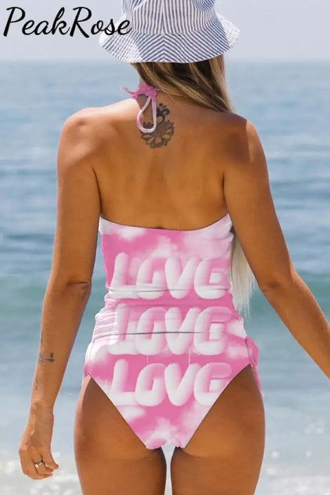 Gradient Pink Love Clouds Print Halter Swimsuit