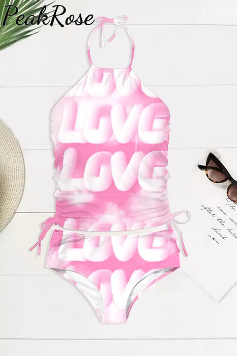 Gradient Pink Love Clouds Print Halter Swimsuit