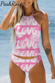 Gradient Pink Love Clouds Print Halter Swimsuit S / Photo Color