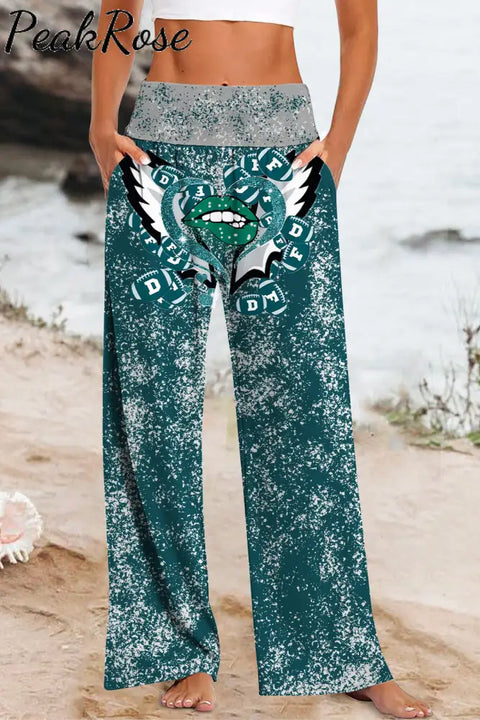 Green And Gray Team Colors Love Lips Wings Football Print High Waisted Baggy Pants With Pockets