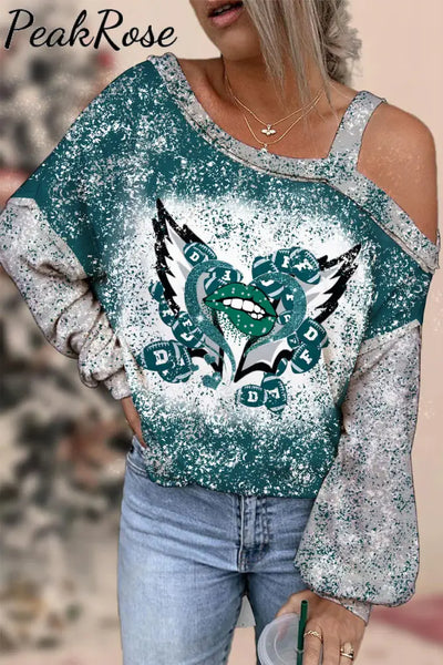 Green And Gray Team Colors Love Lips Wings Football Printed Off-Shoulder Blouse