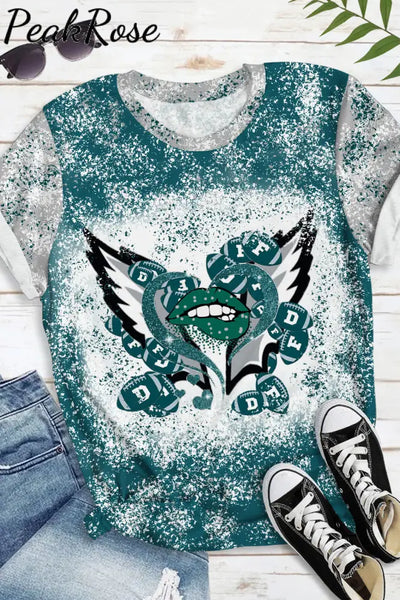 Green And Gray Team Colors Love Lips Wings Football Printed Round Neck Short Sleeve T-Shirt