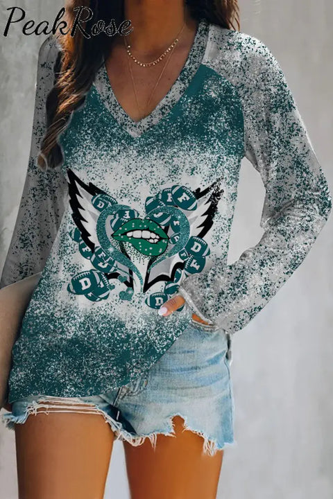 Green And Gray Team Colors Love Lips Wings Football Printed V-Neck Long Sleeve Tee