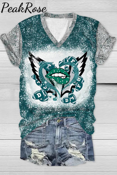 Green And Gray Team Colors Love Lips Wings Football Printed V Neck T-Shirt T-Shirt