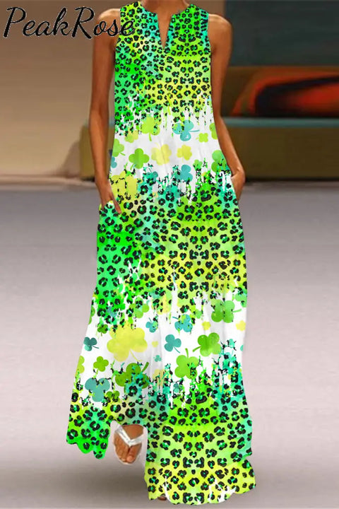 Green Artistic Leopard Shamrock Sleeveless Maxi Dress S / Photo Color