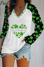 Green Clover Full Print V-Neck Long Sleeve Tee