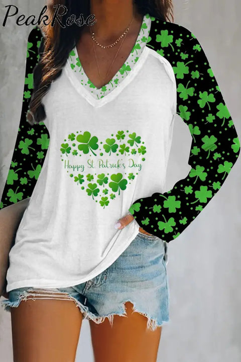 Green Clover Full Print V-Neck Long Sleeve Tee S /