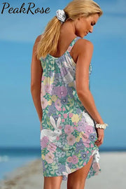 Green Cute Easter Bunny With Spring Floral Printed Sleeveless Dress