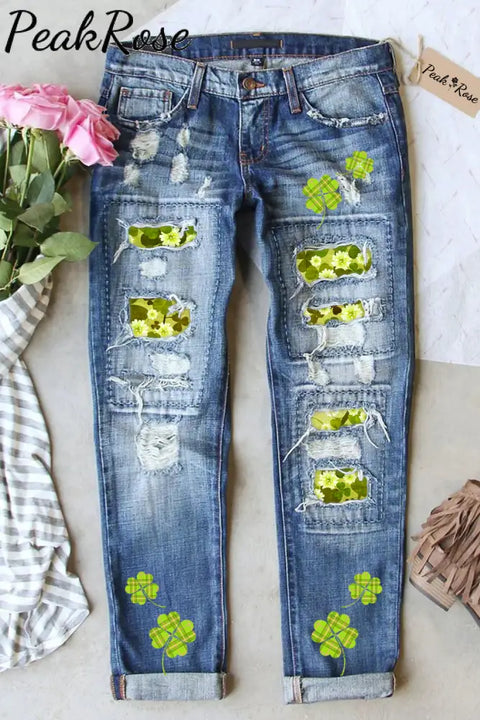 Green Daisy And Shamrock Denim Jeans