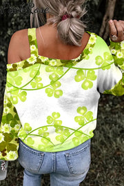 Green Daisy And Shamrock Off-Shoulder Blouse