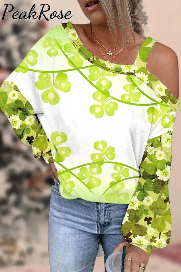 Green Daisy And Shamrock Off-Shoulder Blouse Photo Color / S