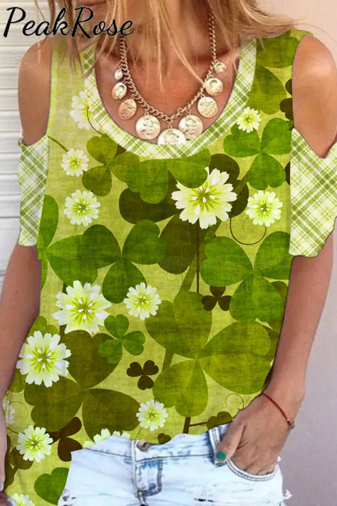 Green Daisy And Shamrock Print Cold Shoulder T-Shirt