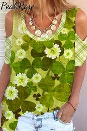 Green Daisy And Shamrock Print Cold Shoulder T-Shirt S / Photo Color